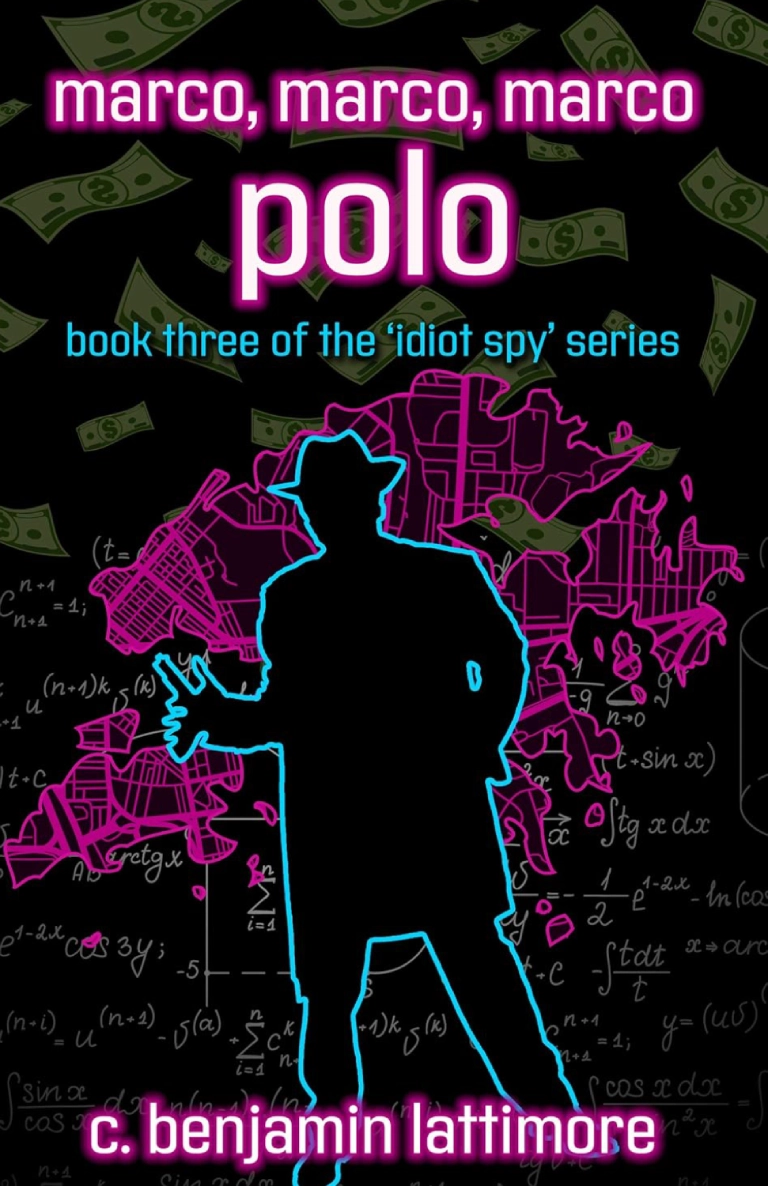 Silhouette spy on mathematical background, neon text.