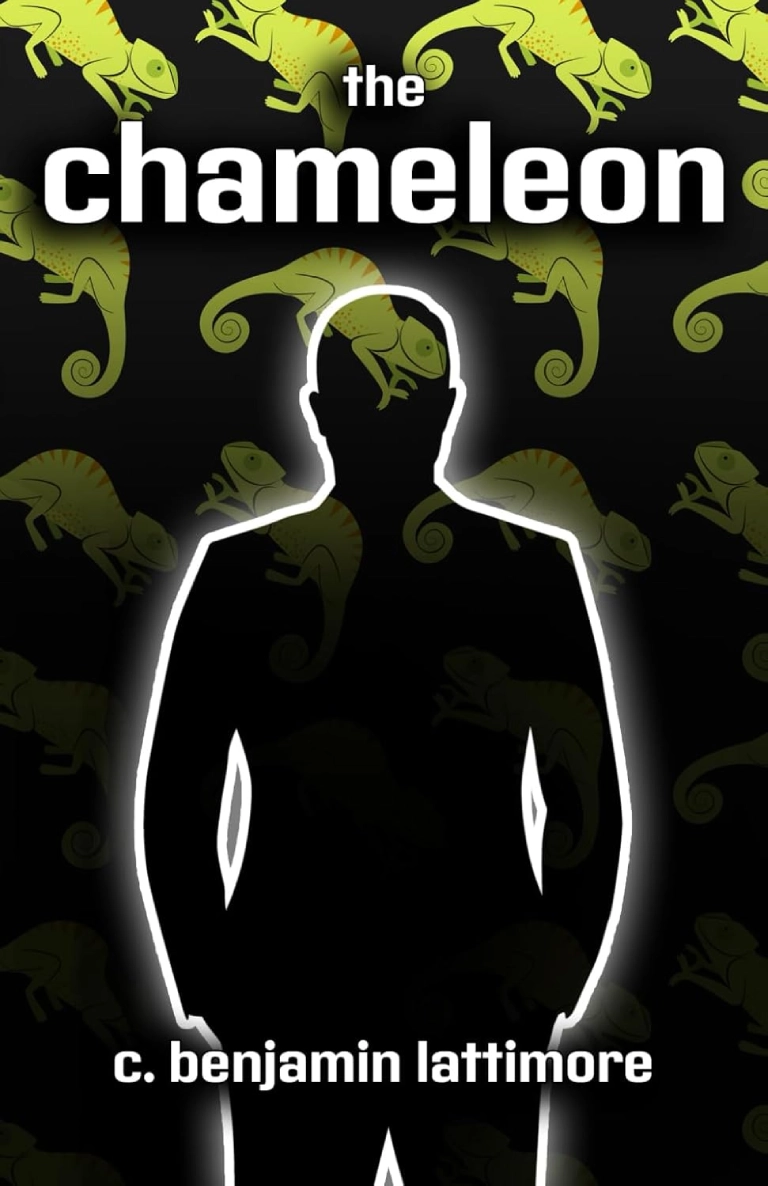 Silhouette with chameleons and bold text.
