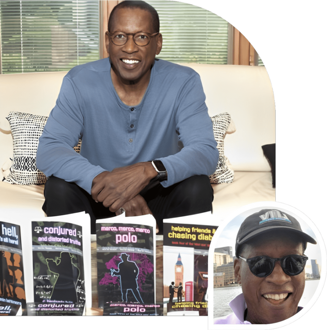 Man sitting with books and a photo.