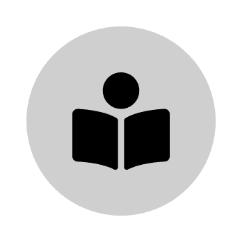 Person reading book icon in gray circle.
